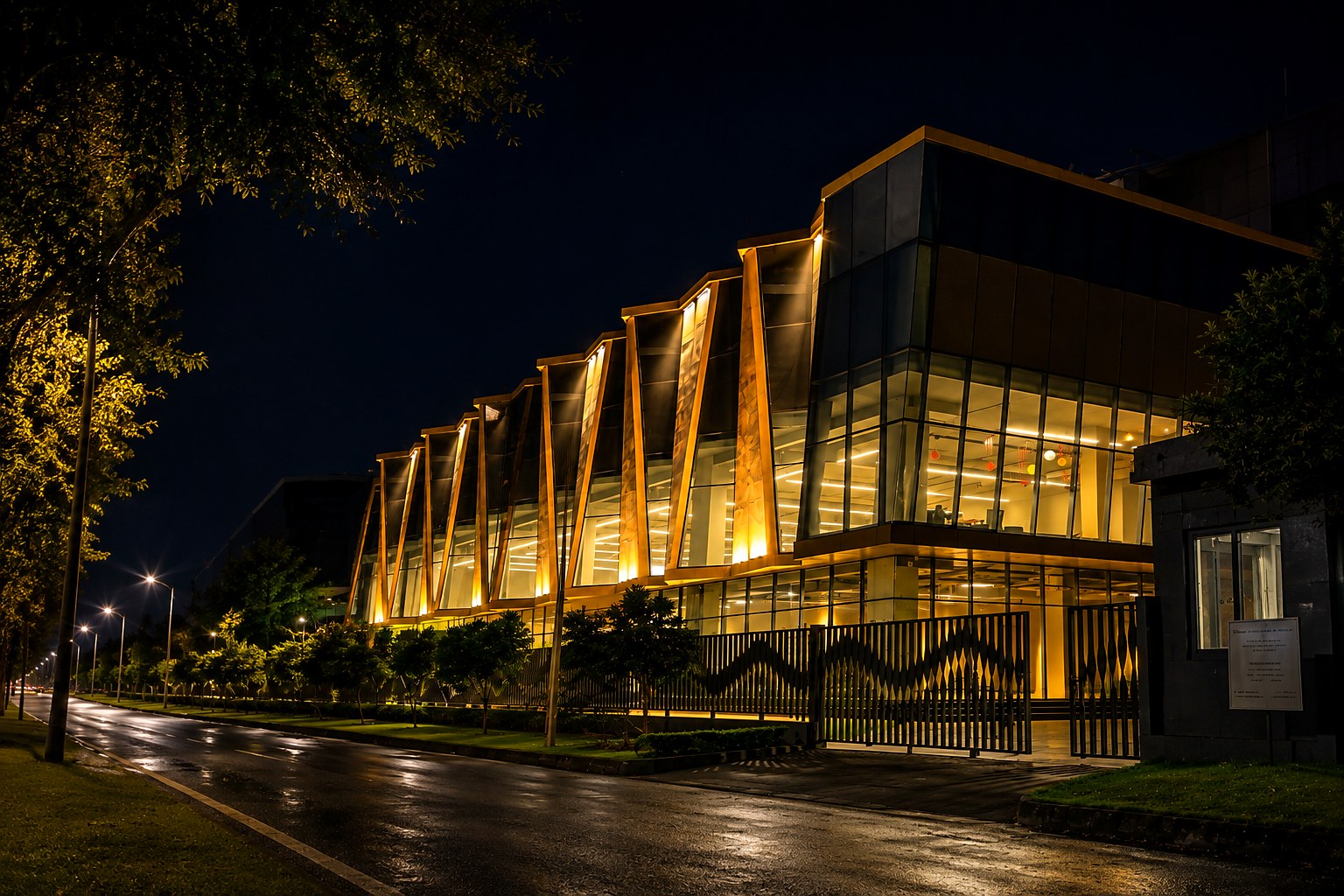 The Intelligaia office at Alpha IT City, Mohali, lit from within after dark